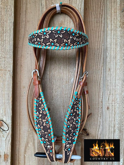 Western Tack set- Floral Embossed Headstall with Buckstitch trim W/ Reins, Breastcollar