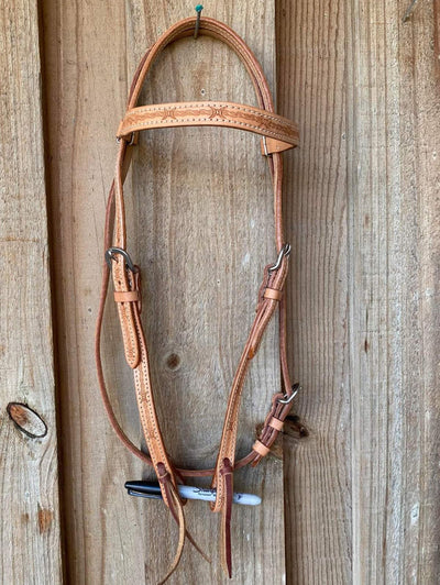 Western Bridle Browband Light Oil Barbwire Leather Full Size Headstall