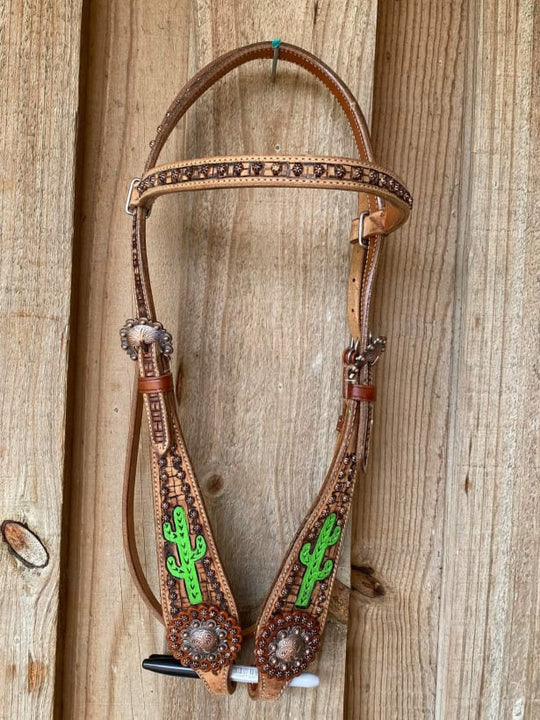 Western Tack Set - Browband Cactus Bridle with Leather Tooling w/ reins & Breastcollar