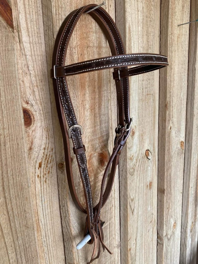 Western Bridle Browband Leather Barbwire Tooled Chocolate Headstall