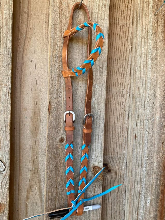 Western Bridle One Ear Tan Leather With Teal Coloured Laced