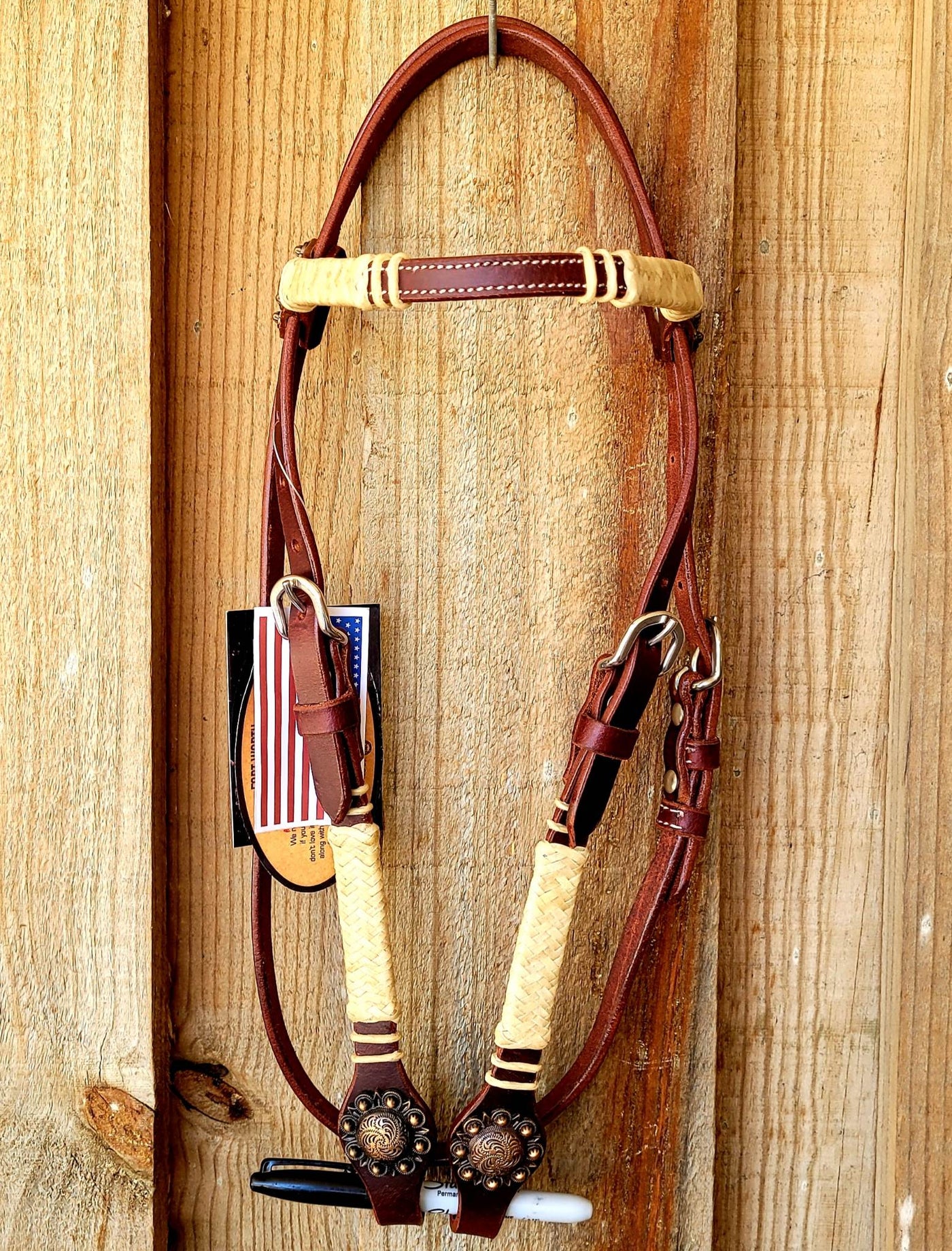 Western Bridle Browband Harness Leather with Rawhide Detail Headstall