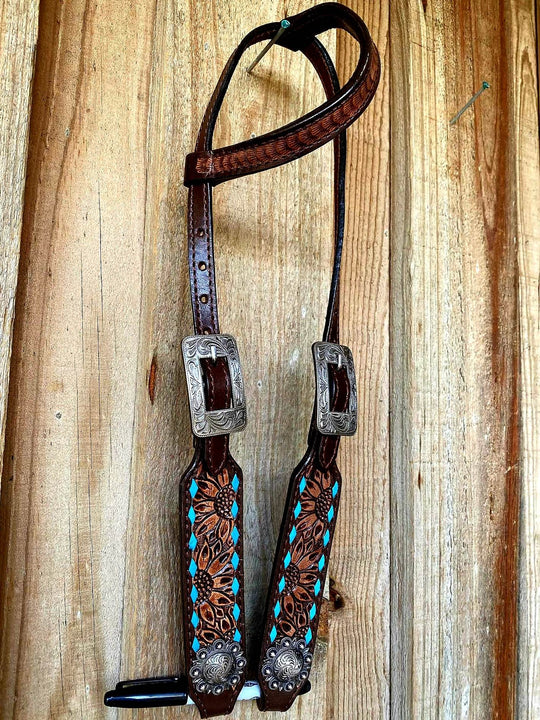 Western Tack Set - Sunflower Tooled Tack set with Teal Buckstitch trim