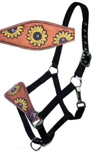 Halter Bronc - Adjustable nylon bronc halter with sunflower hand painted nose band