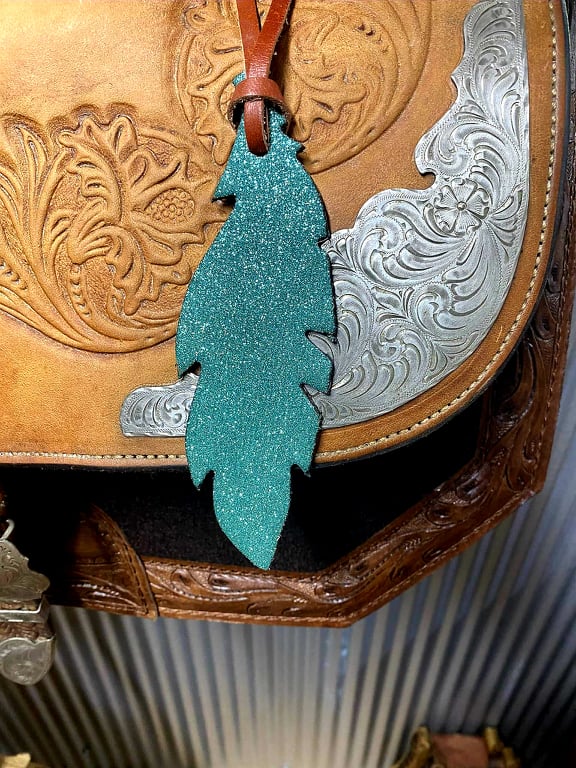 Charm - Leather Saddle Tie on Charms  Glitter Teal