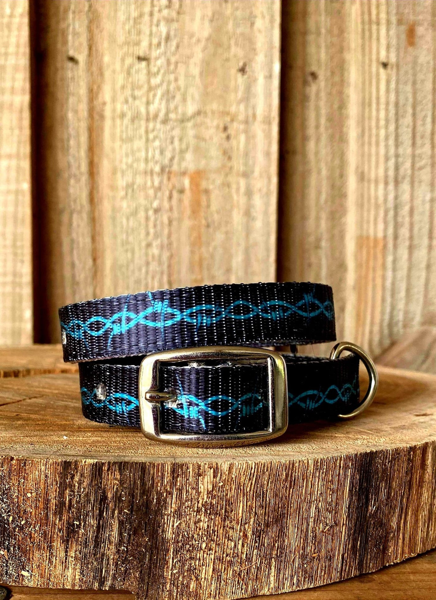 Dog Collar - Black w Aqua Barbwire designed nylon dog collar