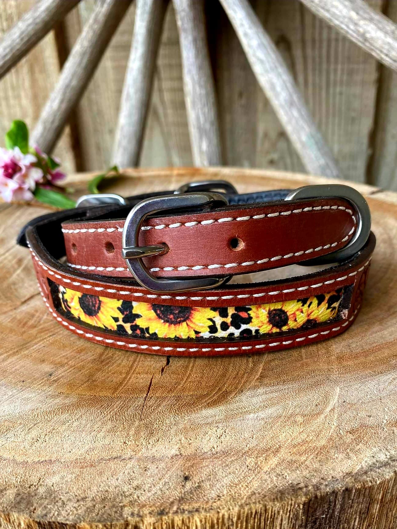 Collar -  Couture Leather Dog Collar Sunflower Inlay