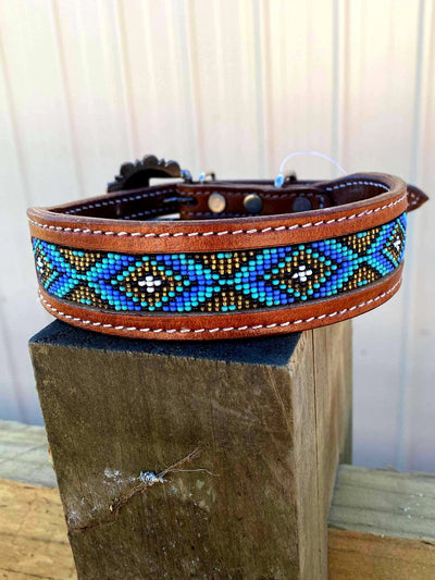 Collar -  Couture Leather Western Dog Collar Beaded Aztec DC 18