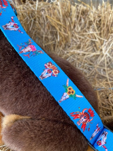 Dizzy Dog Collar Snap Closure Aqua Cow Skull Print - Large