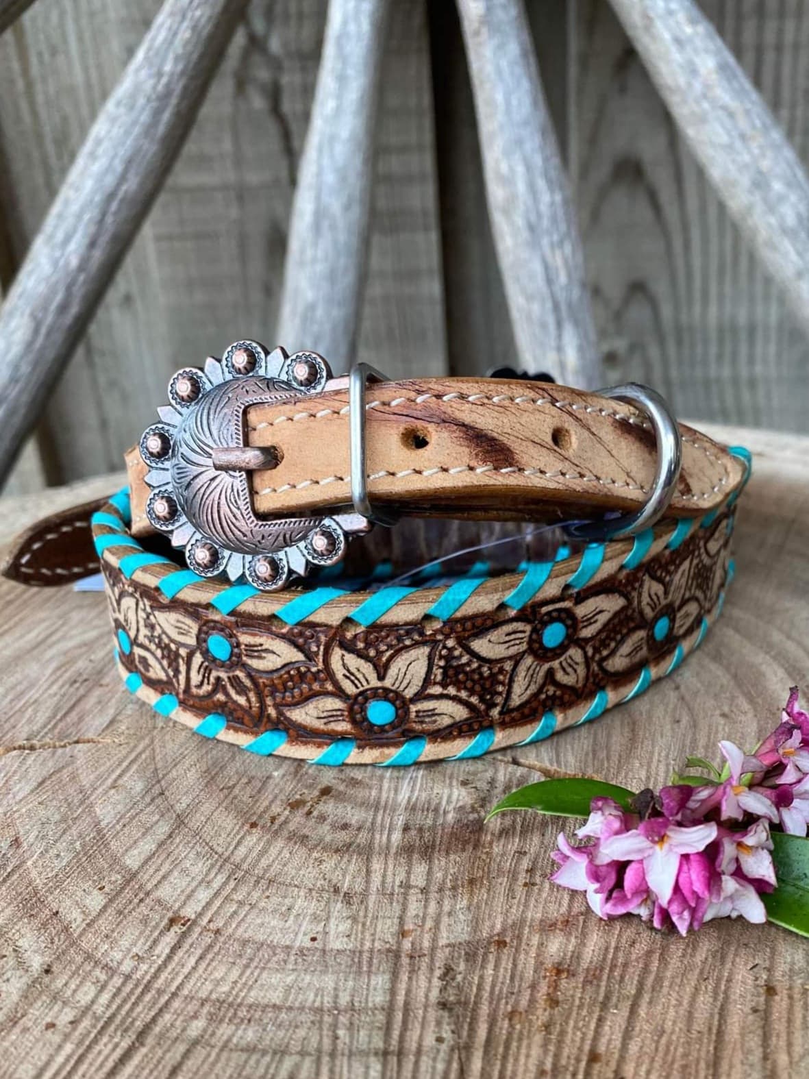 Collar -  Couture Leather Tooled Dog Collar Western Buckle DC 45