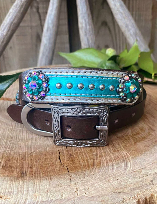 Collar - Couture Leather Western Dog Collar Aqua