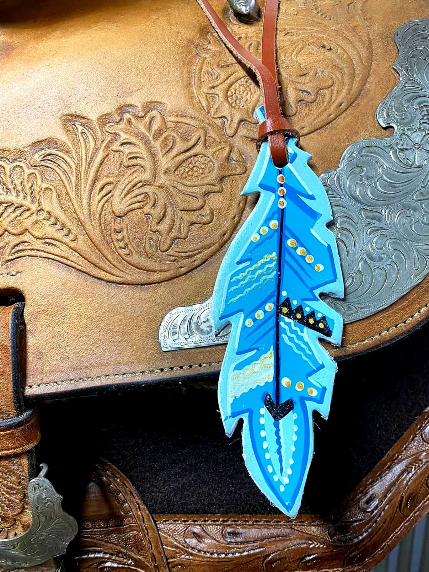 Charm - Leather Saddle Tie on Charms Feather Design Blue