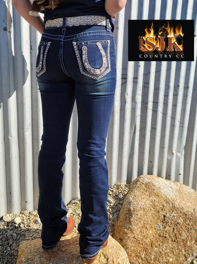 Grace In LA Easy Fit COMFY  Mid Rise Horseshoe Pocket 36" Leg Jeans  Size 28