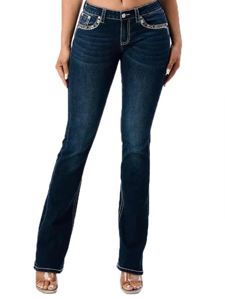 Grace In LA Easy Fit COMFY  Mid Rise Horseshoe Pocket 36" Leg Jeans  Size 28