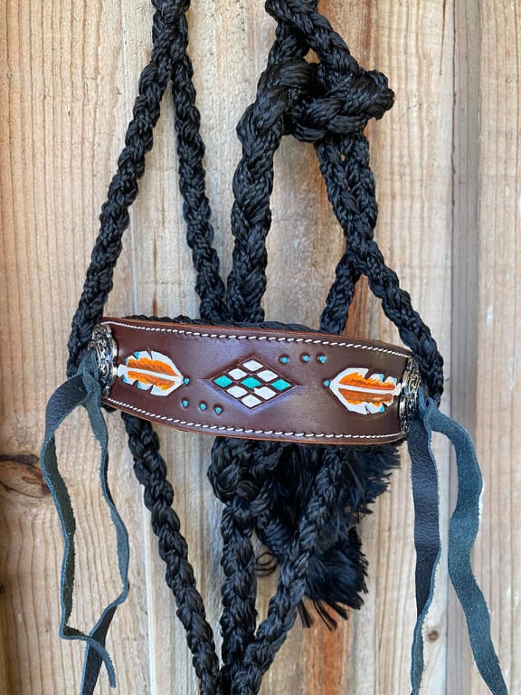 Halter - Woven black nylon mule tape halter with feather design.