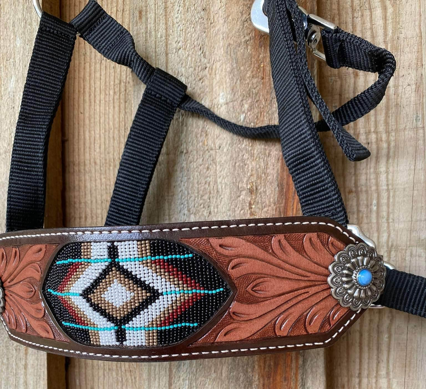 Halter -  Nylon Bronc halter with leather Nose beads