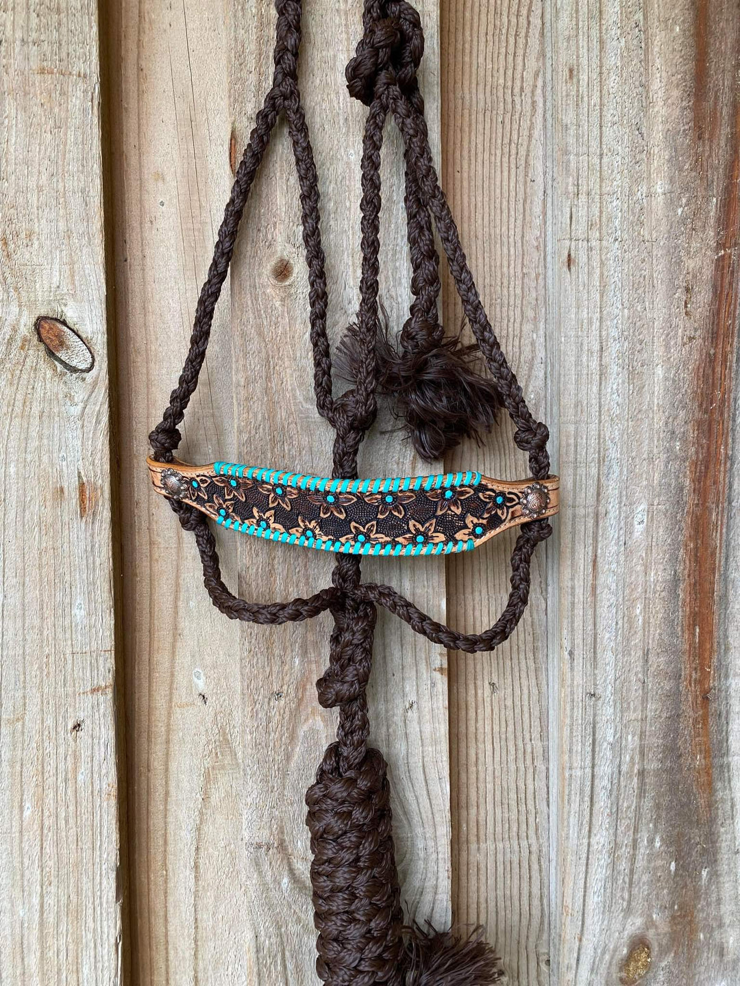 Halter - Woven nylon mule tape halter Tooled Leather Noseband