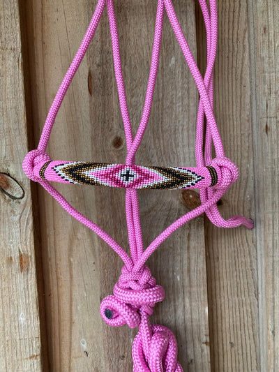 Halter - Cowboy Knot Rope Halter Beaded Noseband w Lead Cob-Full Size Pink