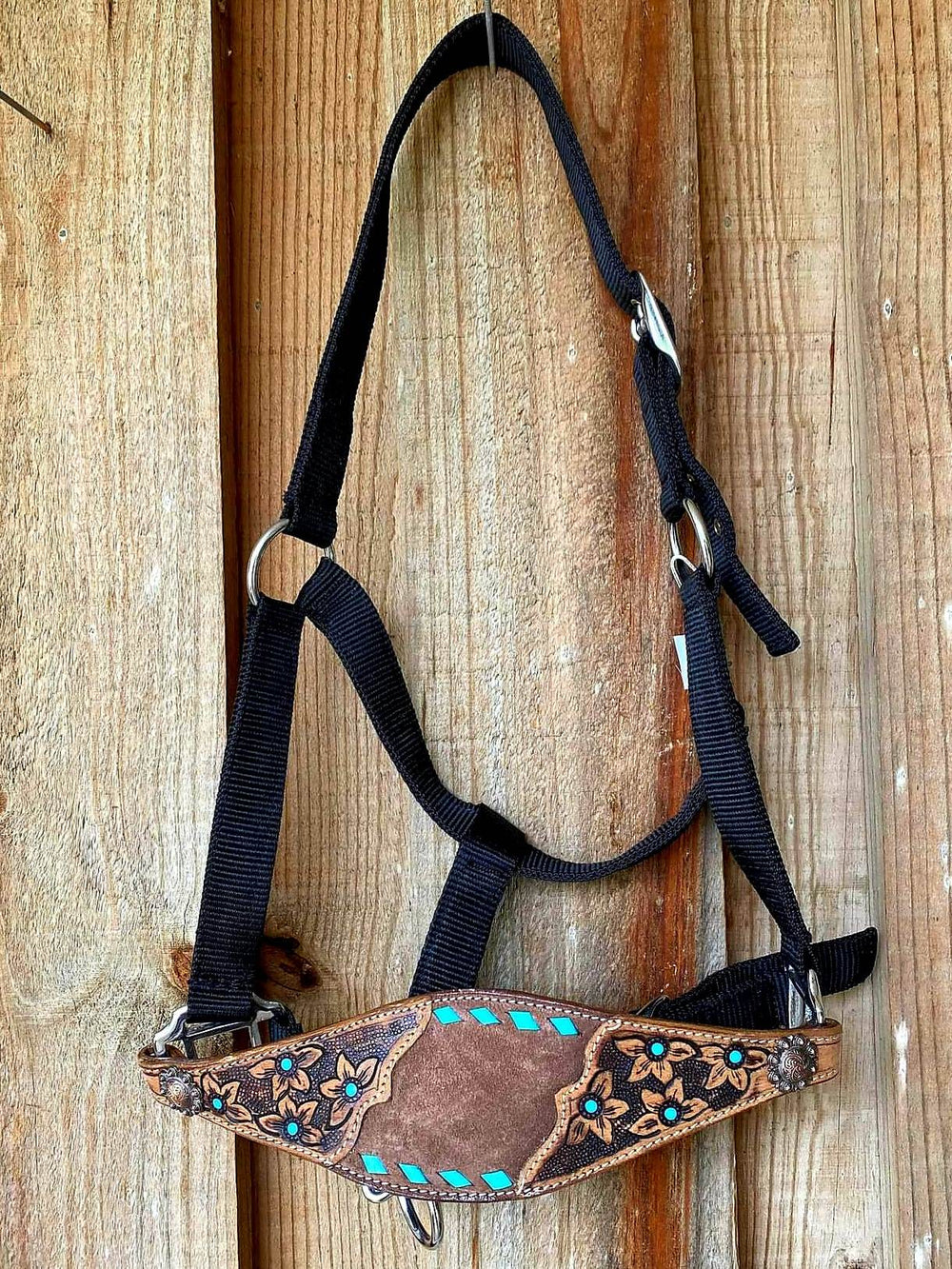 Halter -  Nylon Bronc halter with leather Nose Turquoise