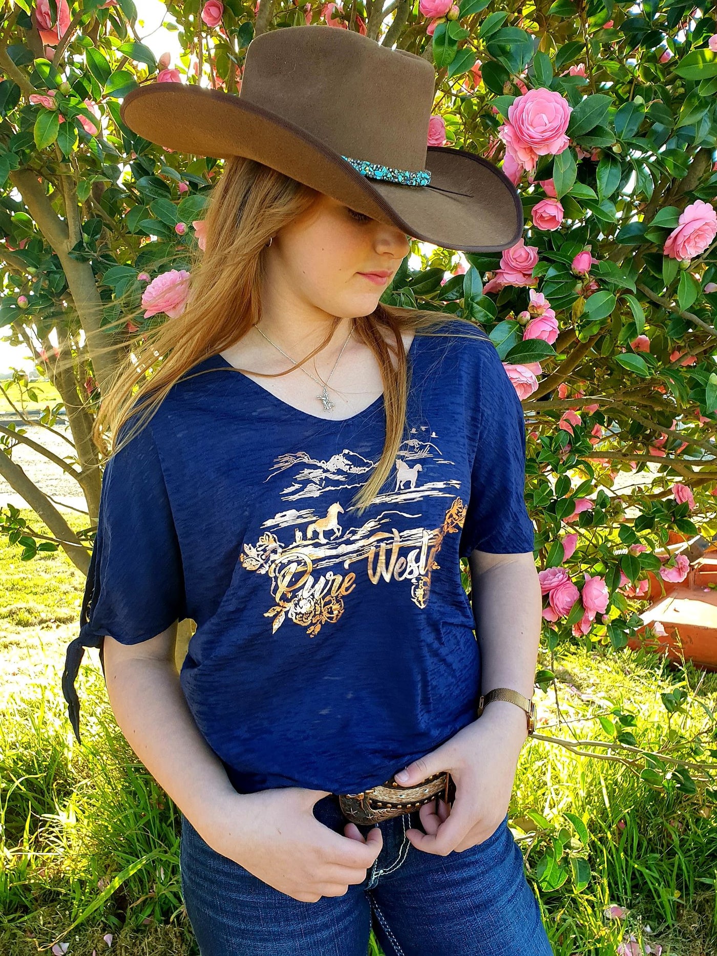 Pure Western Kelsey Batwing Gold Foil Horse Top  Size 8