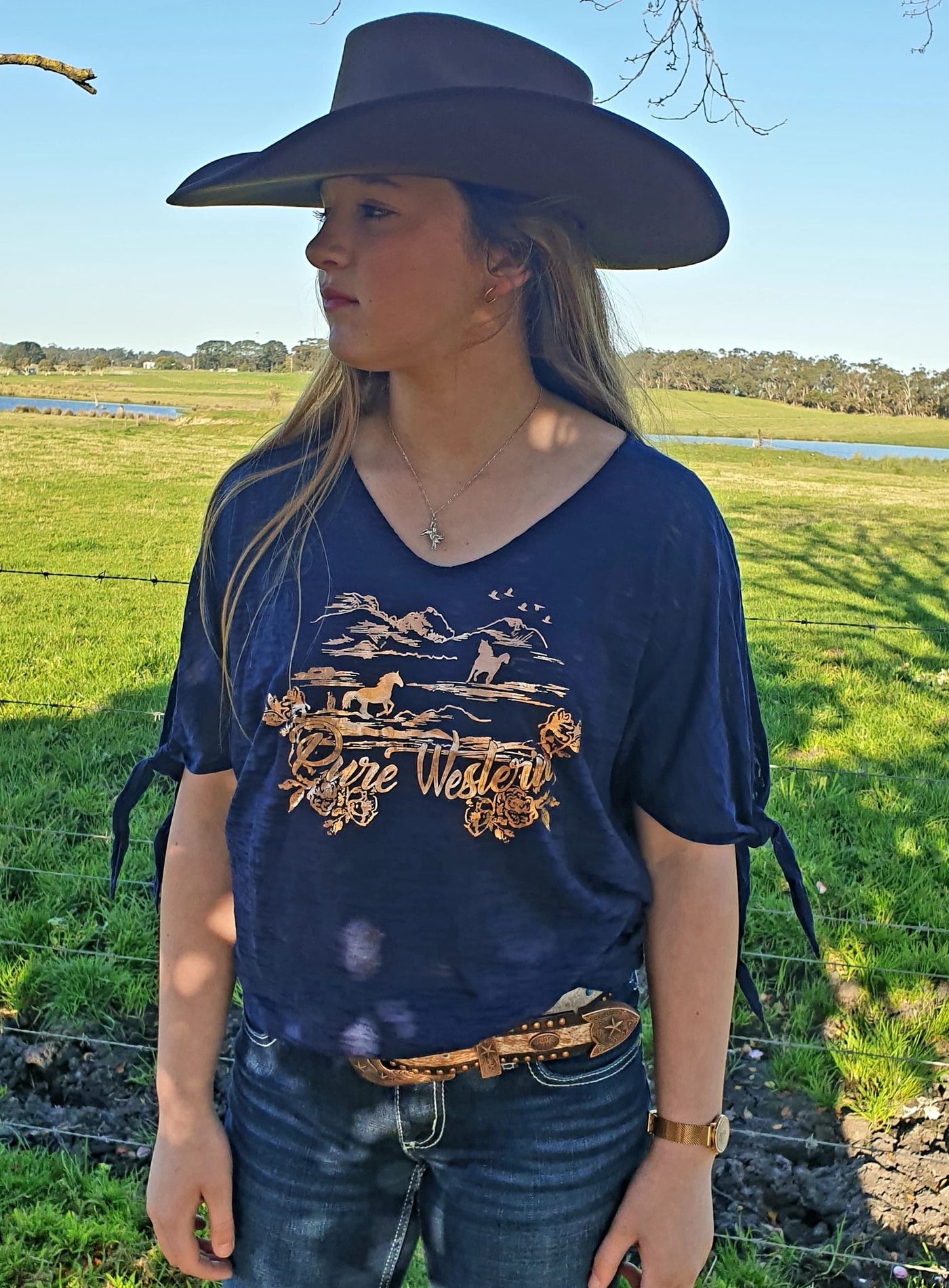 Pure Western Kelsey Batwing Gold Foil Horse Top  Size 8