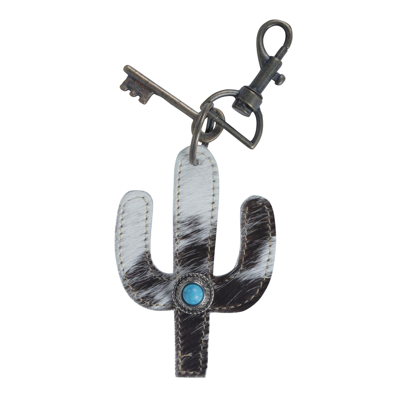 Key Ring - Genuine Leather Hair on Hide Turquoise Key Ring/ Bag Charm Cactus