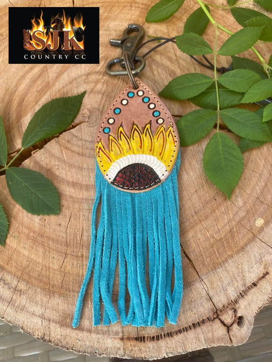 Key Ring - Genuine Leather Turquoise Key Ring/ Bag Charm Sunflower