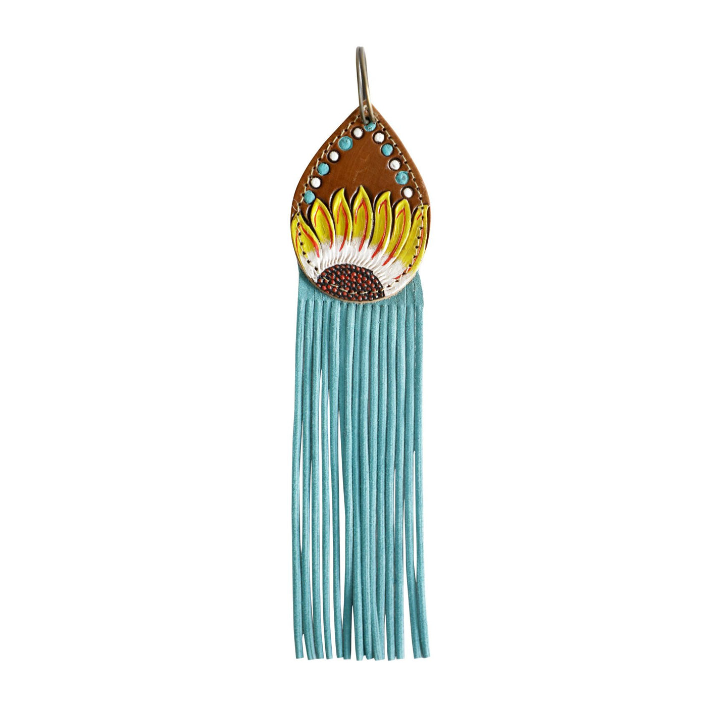 Key Ring - Genuine Leather Turquoise Key Ring/ Bag Charm Sunflower