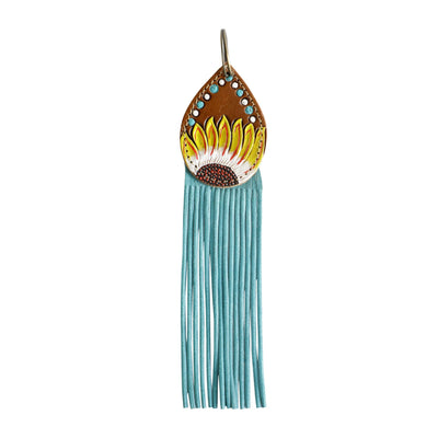Key Ring - Genuine Leather Turquoise Key Ring/ Bag Charm Sunflower