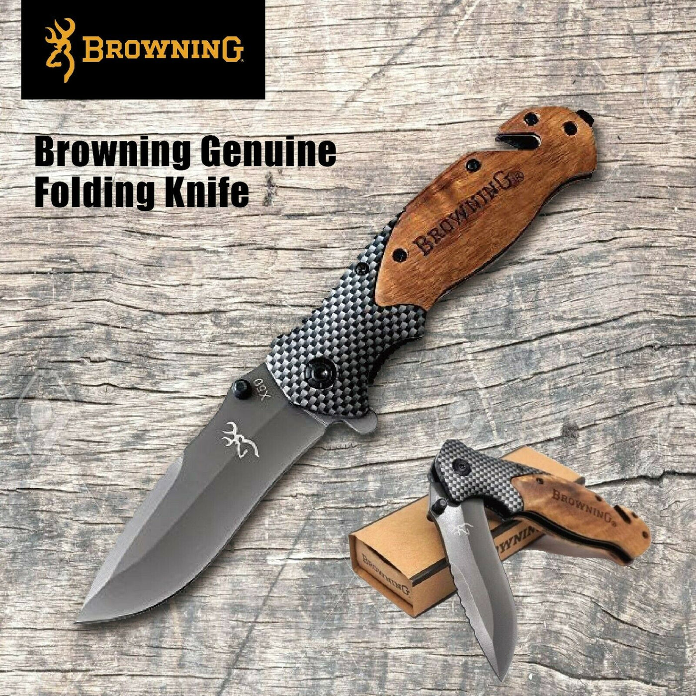 Knive - Pocket Knife Browning Style Wooden Detail