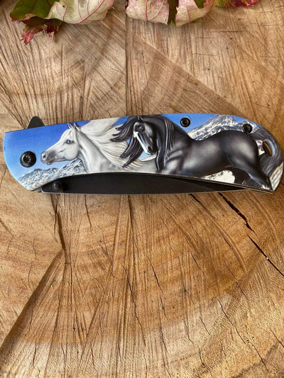 Knive -  Black and White Horse Print Pocket Knife Tactical