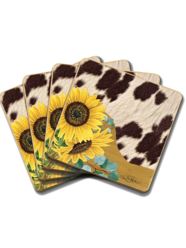 Bamboo Coaster Set Cowhide Print with Sunflower
