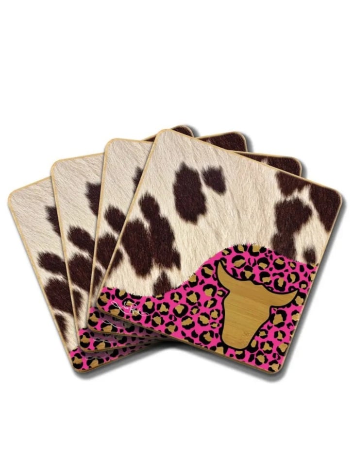 Bamboo Coaster Set Cowhide with Steer Print