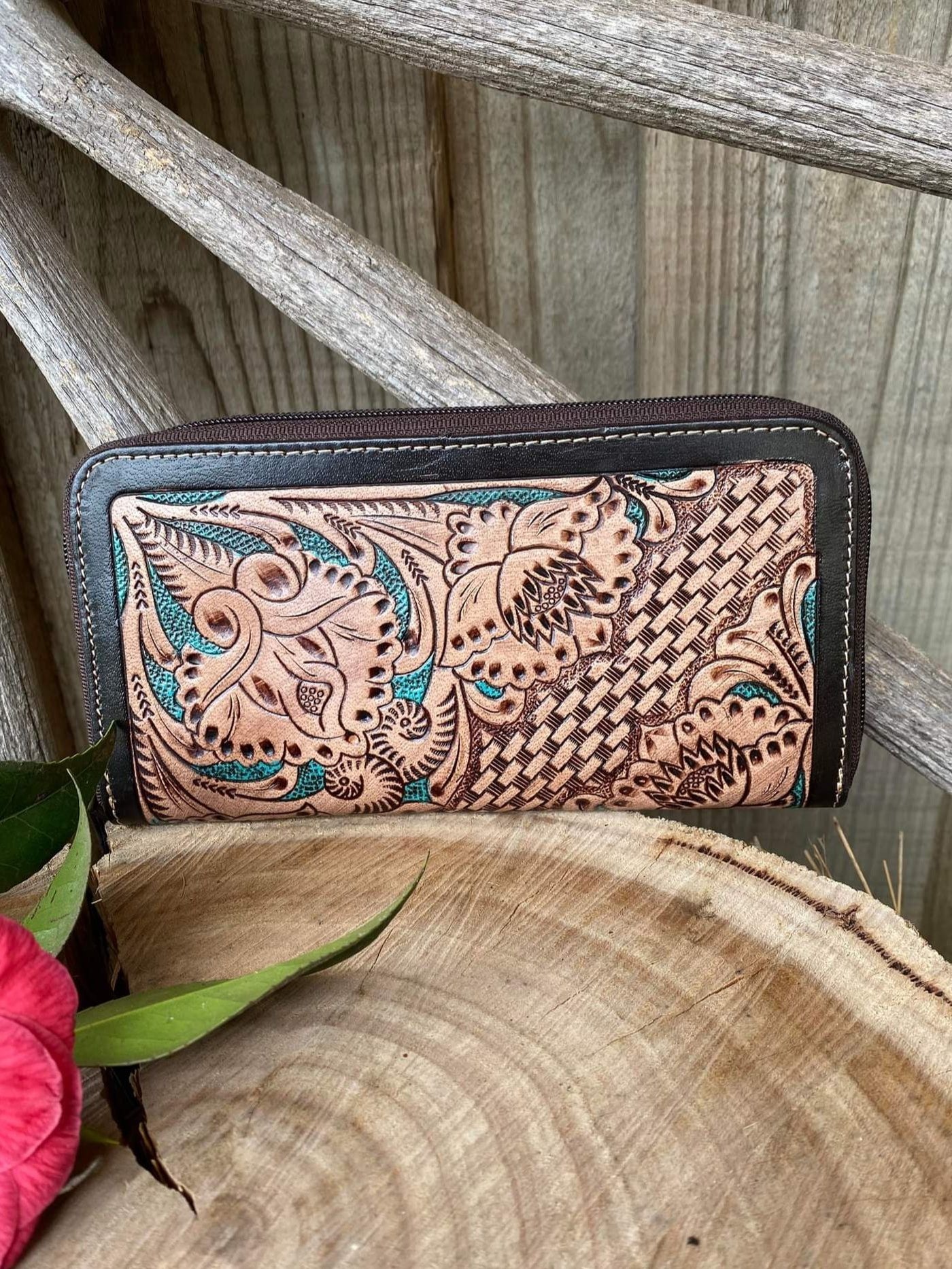 Western Leather Purse Tooled Inlay Wallet