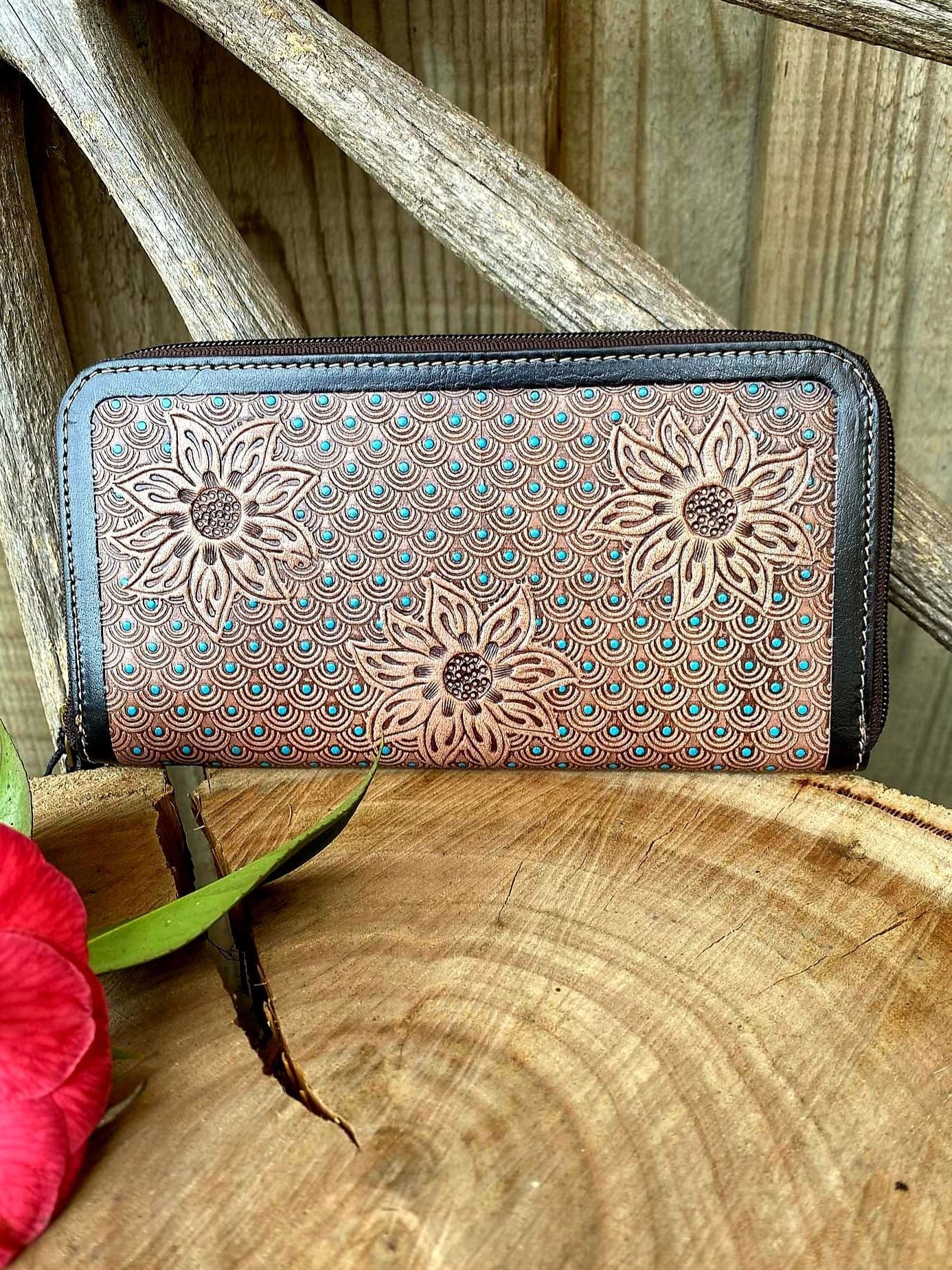 Western Leather Purse Floral Tooled Turquoise Inlay Wallet