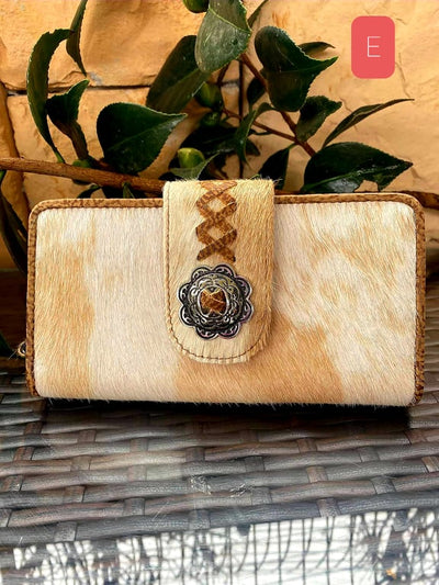 Western Cowhide  Purse Hair on Hide and Leather  Tan & White Hide & Concho Wallet
