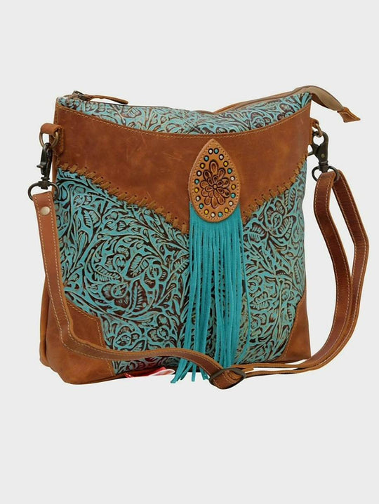 Western Leather Genuine Embossed Turquoise Crossbody