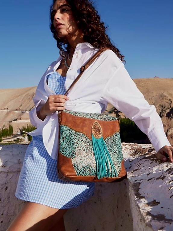 Western Leather Genuine Embossed Turquoise Crossbody