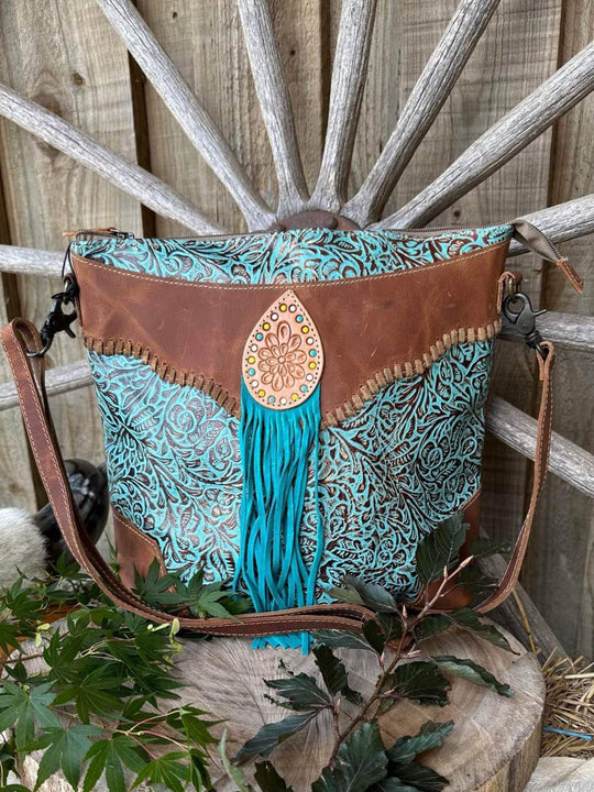 Western Leather Genuine Embossed Turquoise Crossbody