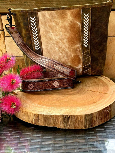 Western Hide &  Leather  Crossbody with Feather Tooled Strap