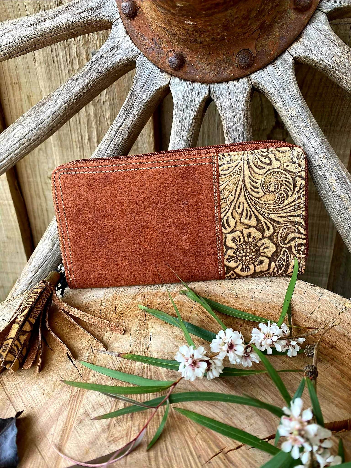 Western Leather Purse Wild Bloom Zip Around Embossed Wallet