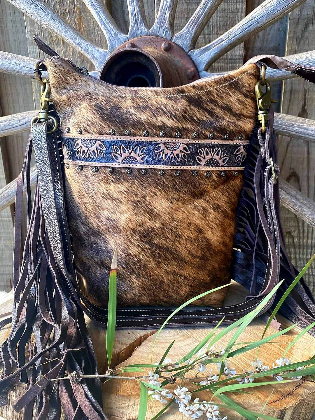 Western Hide & Leather Genuine Tooled Sunflowe Crossbody