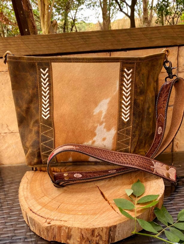 Western Hide &  Leather  Crossbody with Feather Tooled Strap