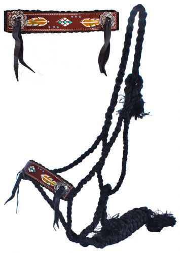 Halter - Woven black nylon mule tape halter with feather design.
