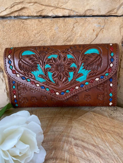 Western Leather Purse Tooled Turquoise Detail wallet