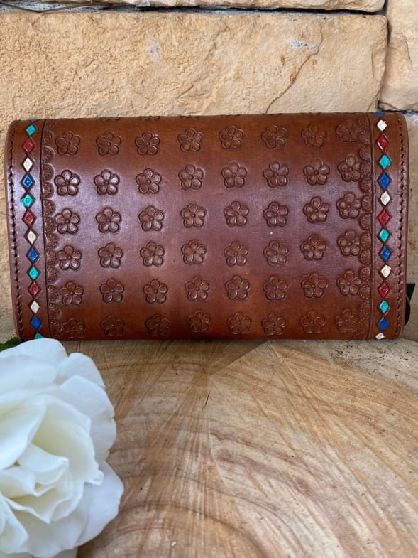 Western Leather Purse Tooled Turquoise Detail wallet