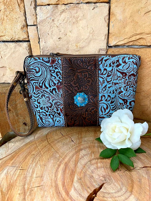 Western Leather and Turquoise Clutch Wristlet