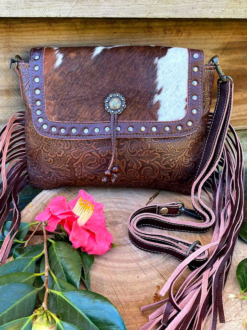 Western Hide & Leather Cowhide Carved Blossom Crossbody
