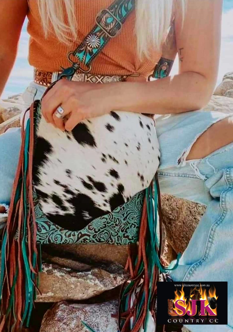 Western Hide & Leather Cowhide Turquoise Tooled Small Crossbody