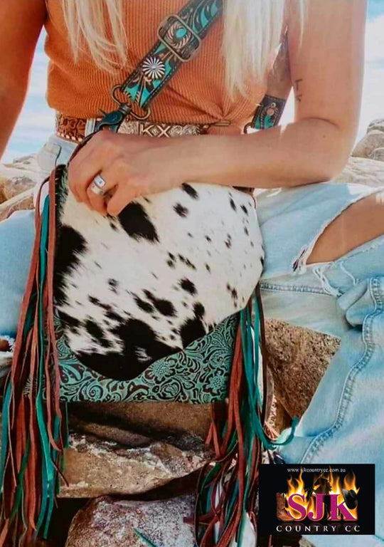 Western Hide & Leather Cowhide Turquoise Tooled Small Crossbody